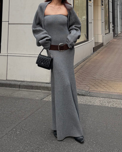 RIBBED KNIT MAXI DRESS 3-PIECE SET