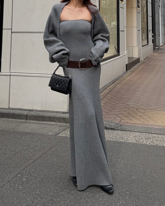 RIBBED KNIT MAXI DRESS 3-PIECE SET