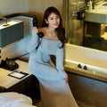 OFF SHOULDER MAXI DRESS IN KIREIME BLUE